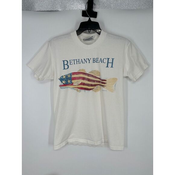 Vintage 90s 1996 Bethany Beach Lee Made In USA Flag Distressed Graphic Fish Sz S - Picture 1 of 8
